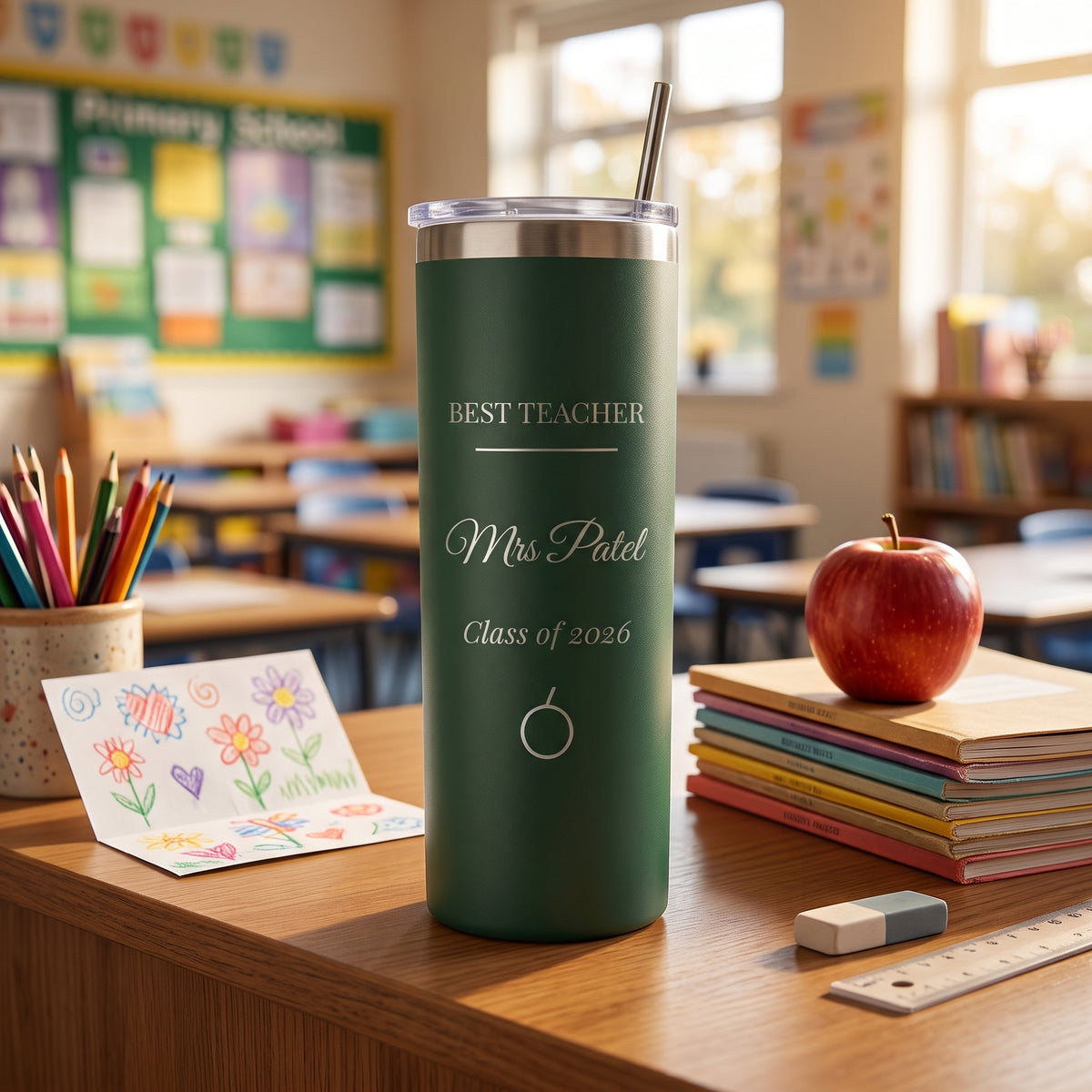 Dark green tumbler engraved Best Teacher Mrs Patel Class of 2026 on a classroom desk