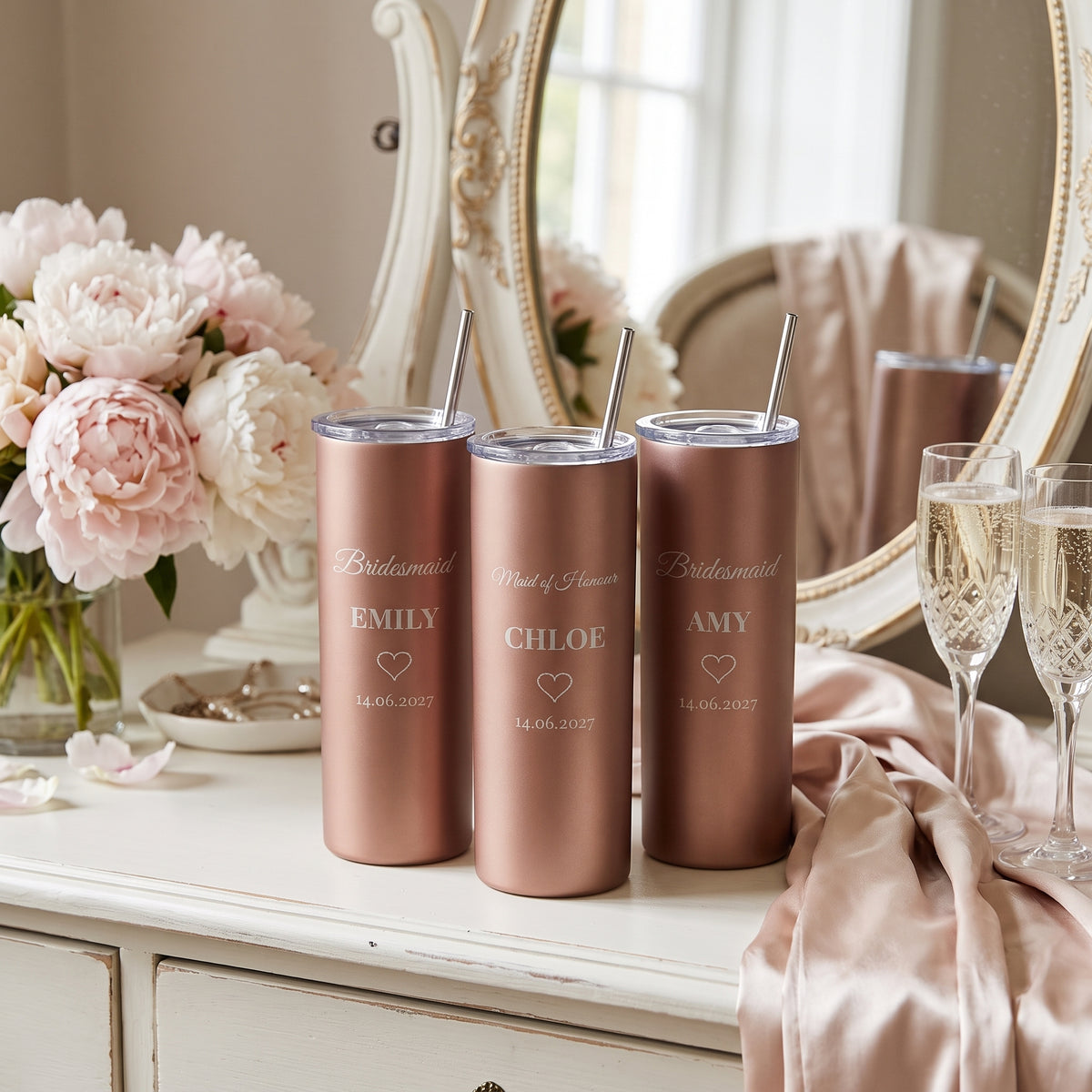 Three rose gold bridesmaid tumblers engraved with names and wedding date