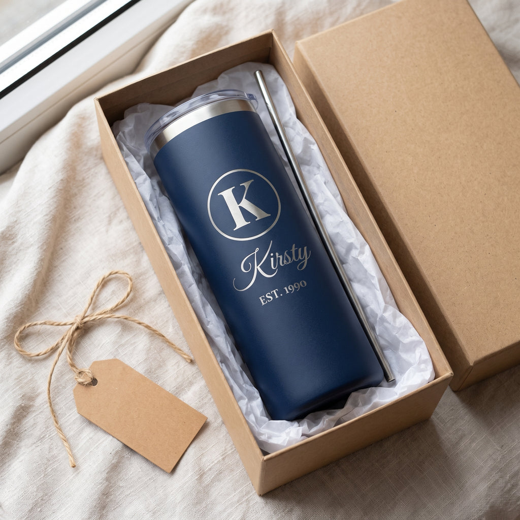 Navy monogram tumbler in a kraft gift box