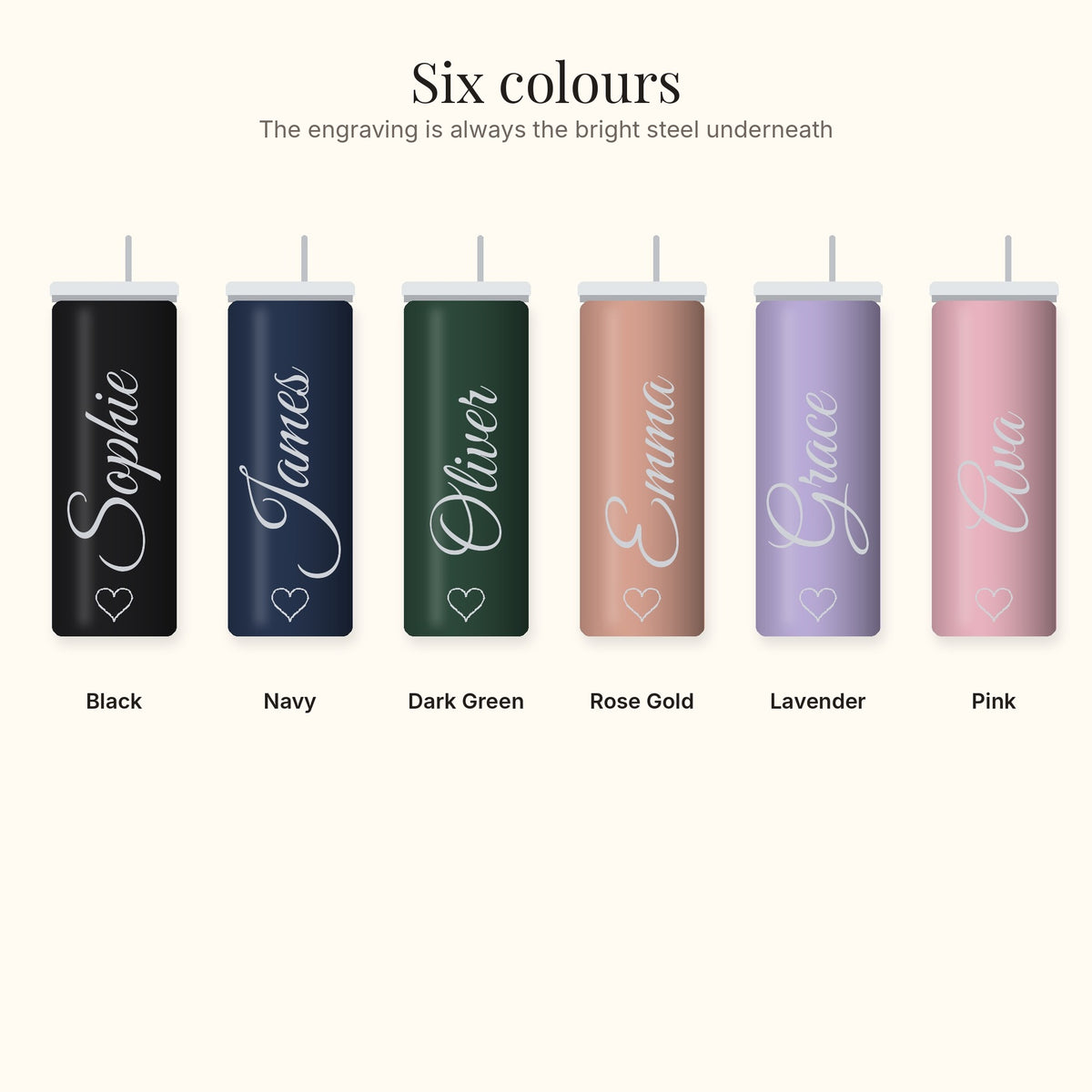 The six tumbler colours with engraved names
