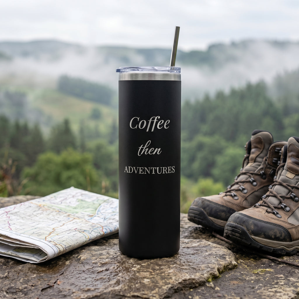 Black tumbler engraved Coffee then Adventures on a rock with a walking map