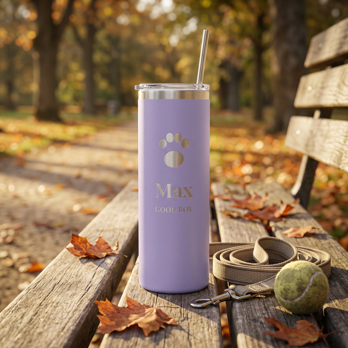 Lavender tumbler engraved with a paw print and Max on a park bench