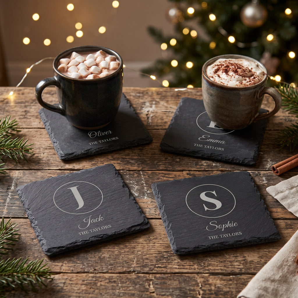 Family set of four slate coasters with a different initial and name on each, at Christmas with hot chocolate