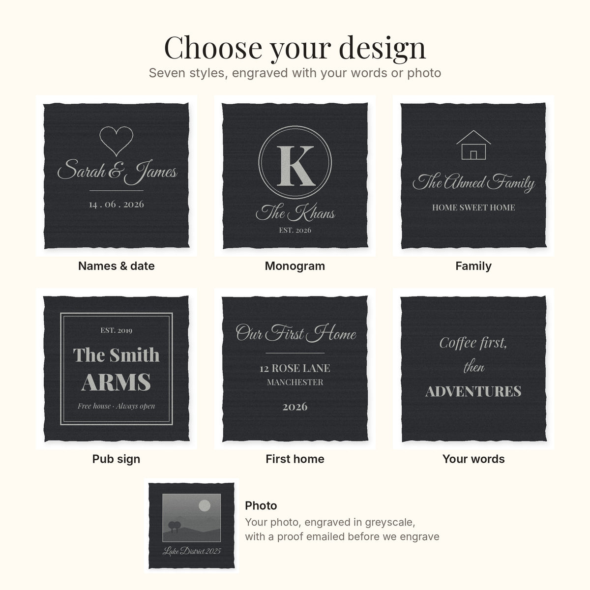 The seven slate coaster designs: names and date, monogram, family, pub sign, first home, your words and photo