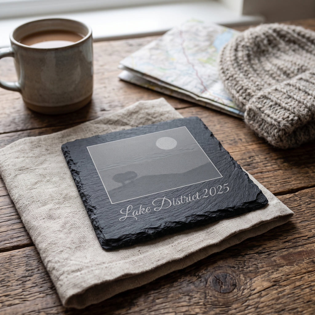 Photo engraved slate coaster with the caption Lake District 2025 beside a cup of tea