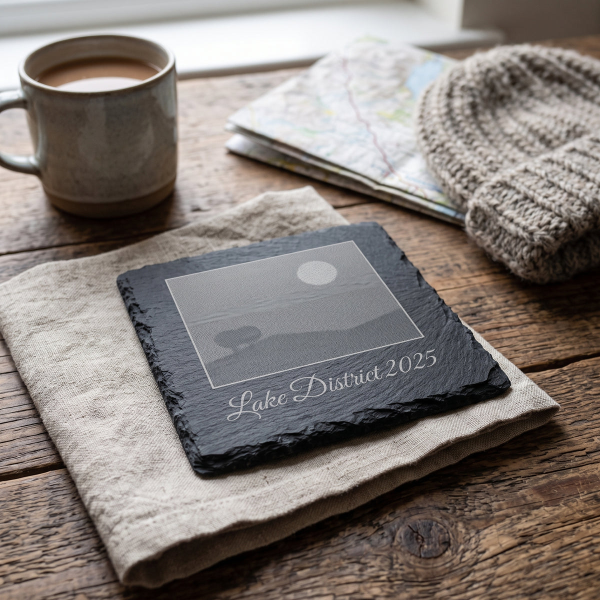 Photo engraved slate coaster with the caption Lake District 2025 beside a cup of tea