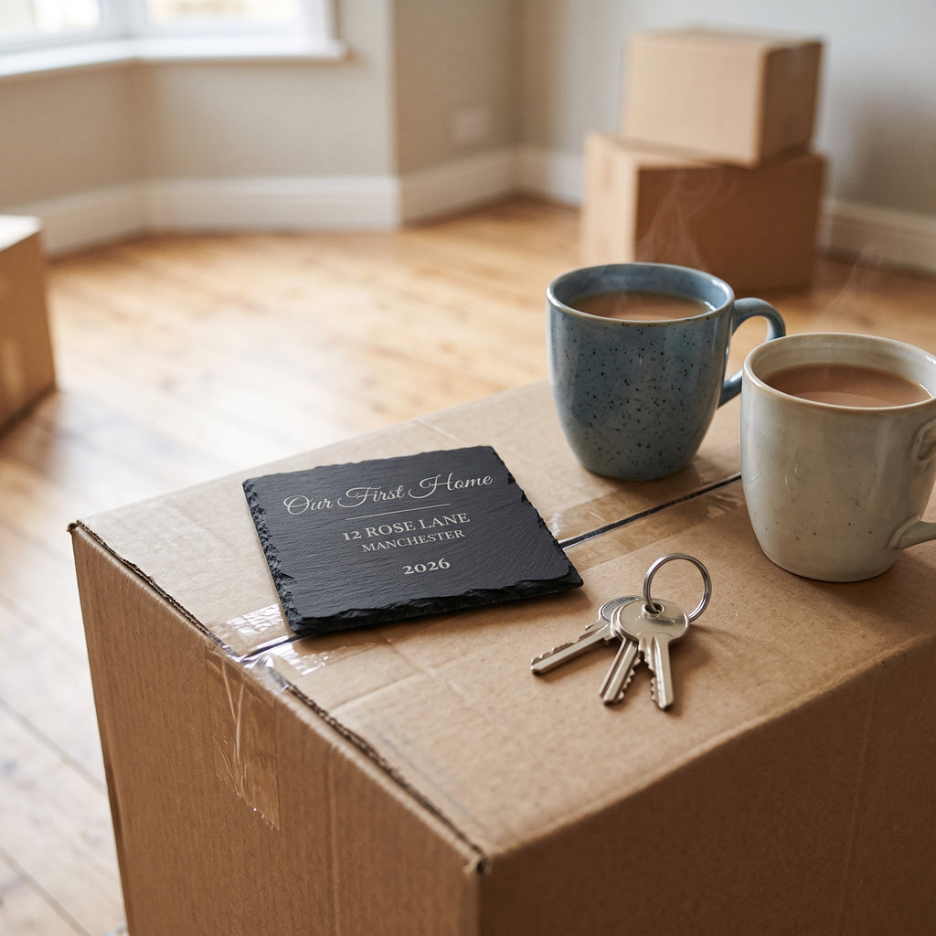 Our First Home slate coaster engraved with an address on a moving box with house keys
