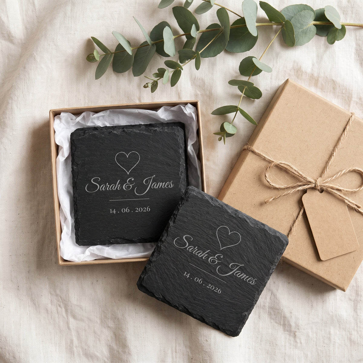 Personalised slate coasters in a kraft gift box with twine bow