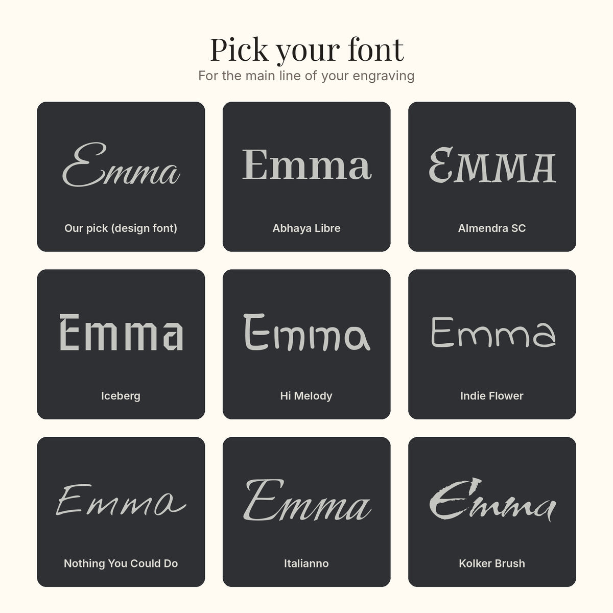 Nine font choices for the engraving