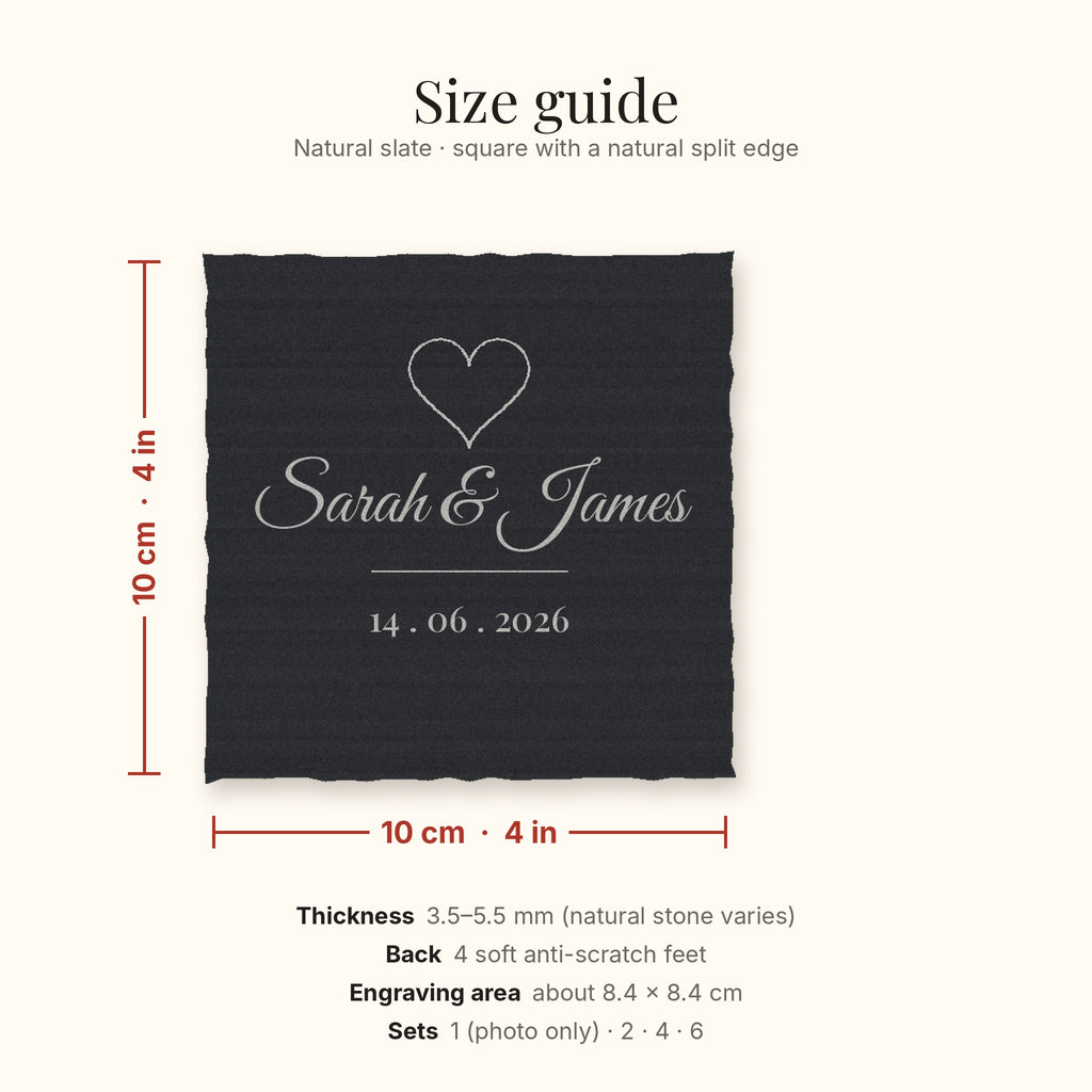 Size guide: slate coaster 10 x 10 cm, 3.5 to 5.5 mm thick, four soft feet
