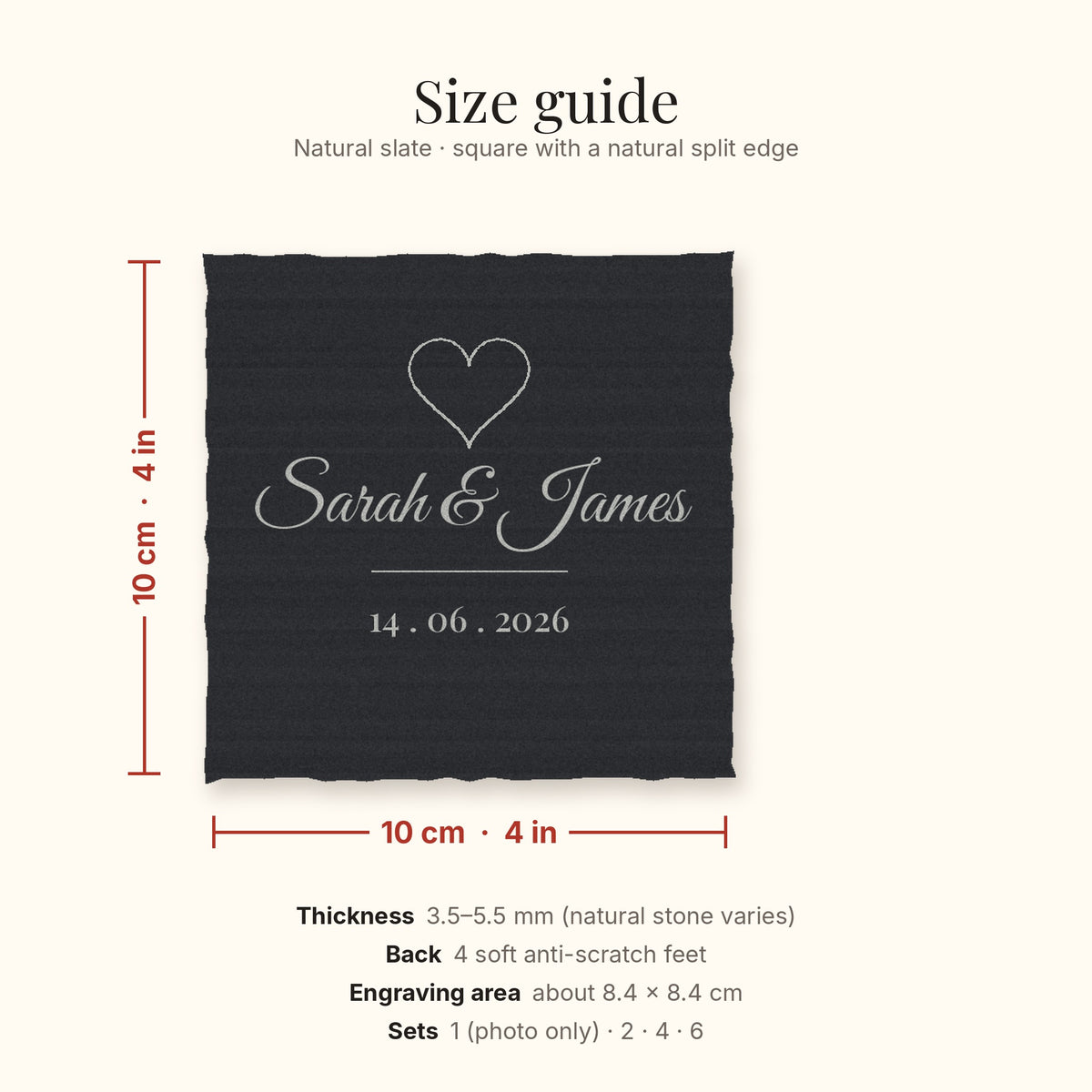 Size guide: slate coaster 10 x 10 cm, 3.5 to 5.5 mm thick, four soft feet