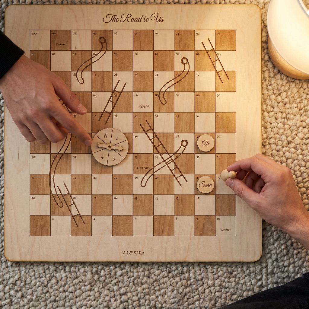 Personalised snakes & ladders board being played by a couple on a rug