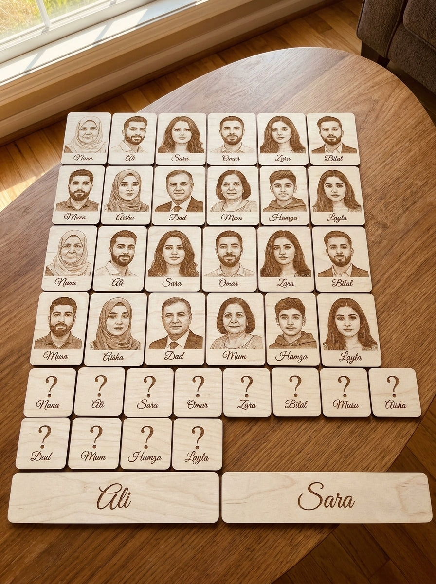 Personalised Who Am I? faces game with 24 engraved family photo tiles, mystery cards and name plaques