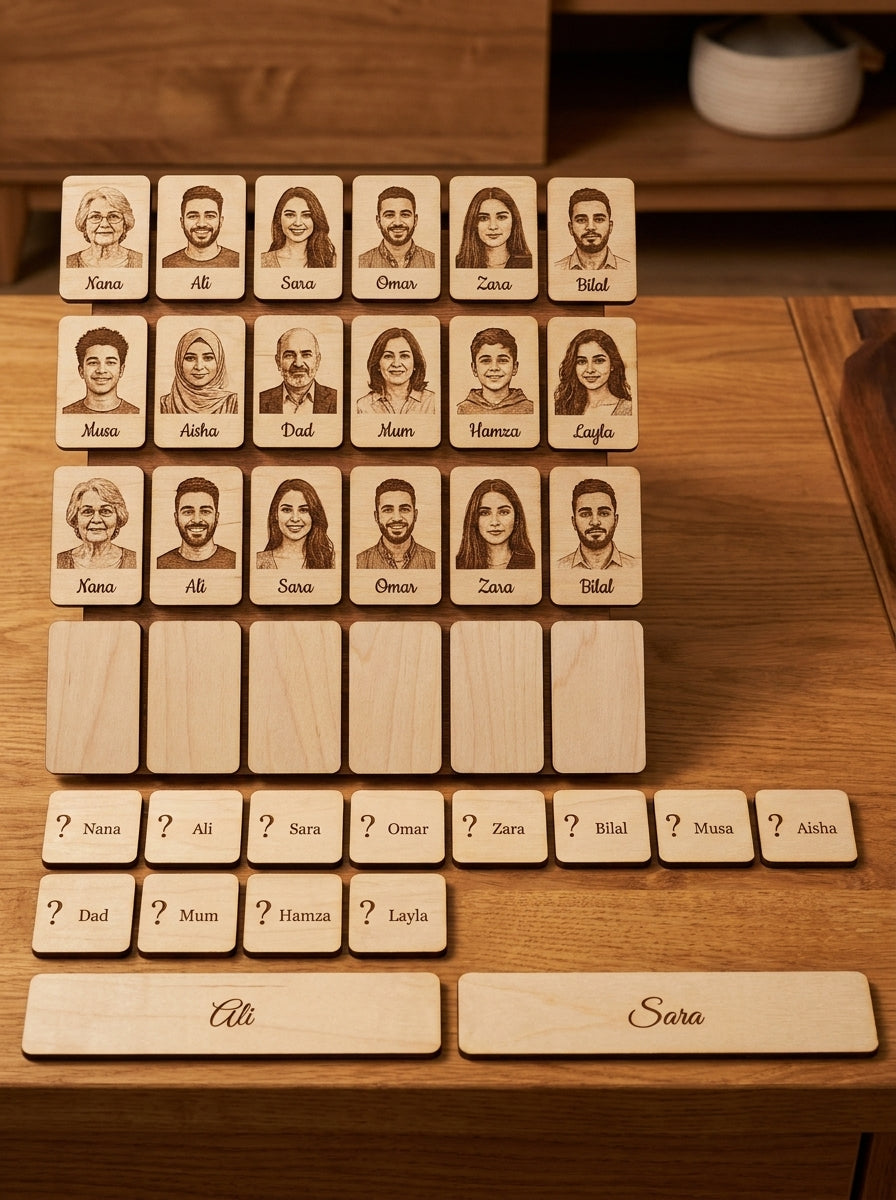 Personalised Who Am I? faces game laid out on a wooden table with mystery cards