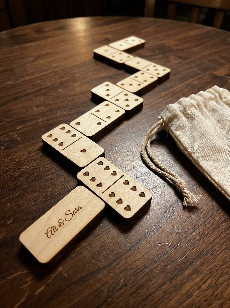 Personalised dominoes set with heart pips and an Ali & Sara name tile on a walnut table