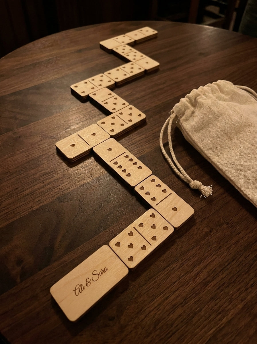 Personalised dominoes set laid out in a line beside its cotton bag