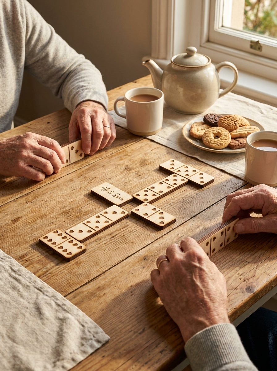 Personalised dominoes set being played by grandparents with tea and biscuits