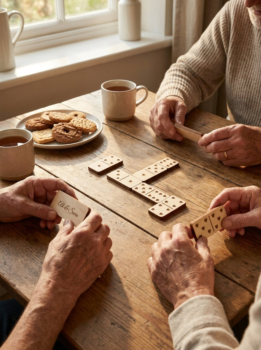 Personalised dominoes set being played at a kitchen table