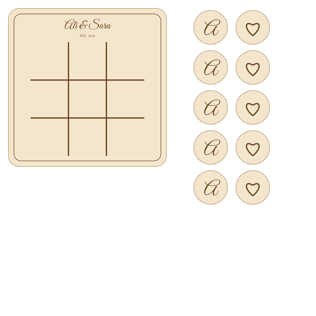Layout of the personalised noughts & crosses set showing where your names go