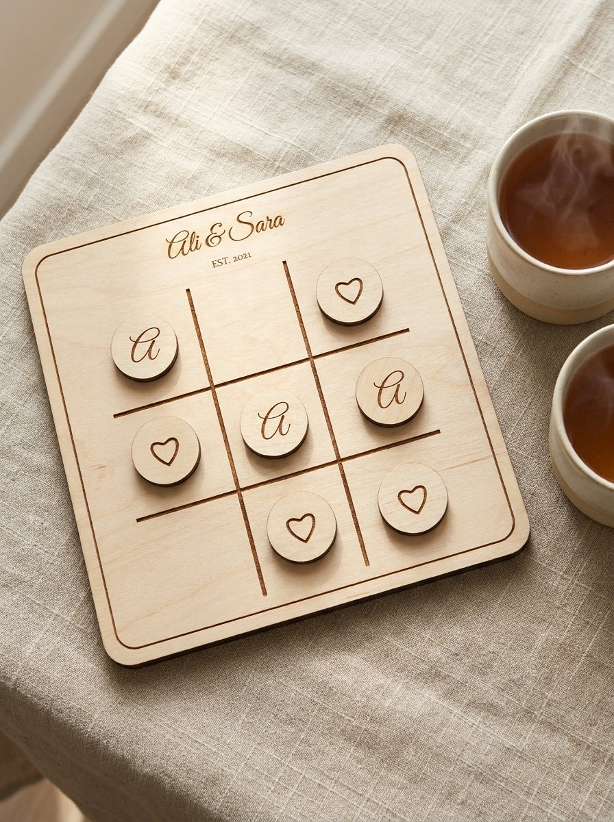 Personalised noughts & crosses set with initial and heart counters on a linen tablecloth