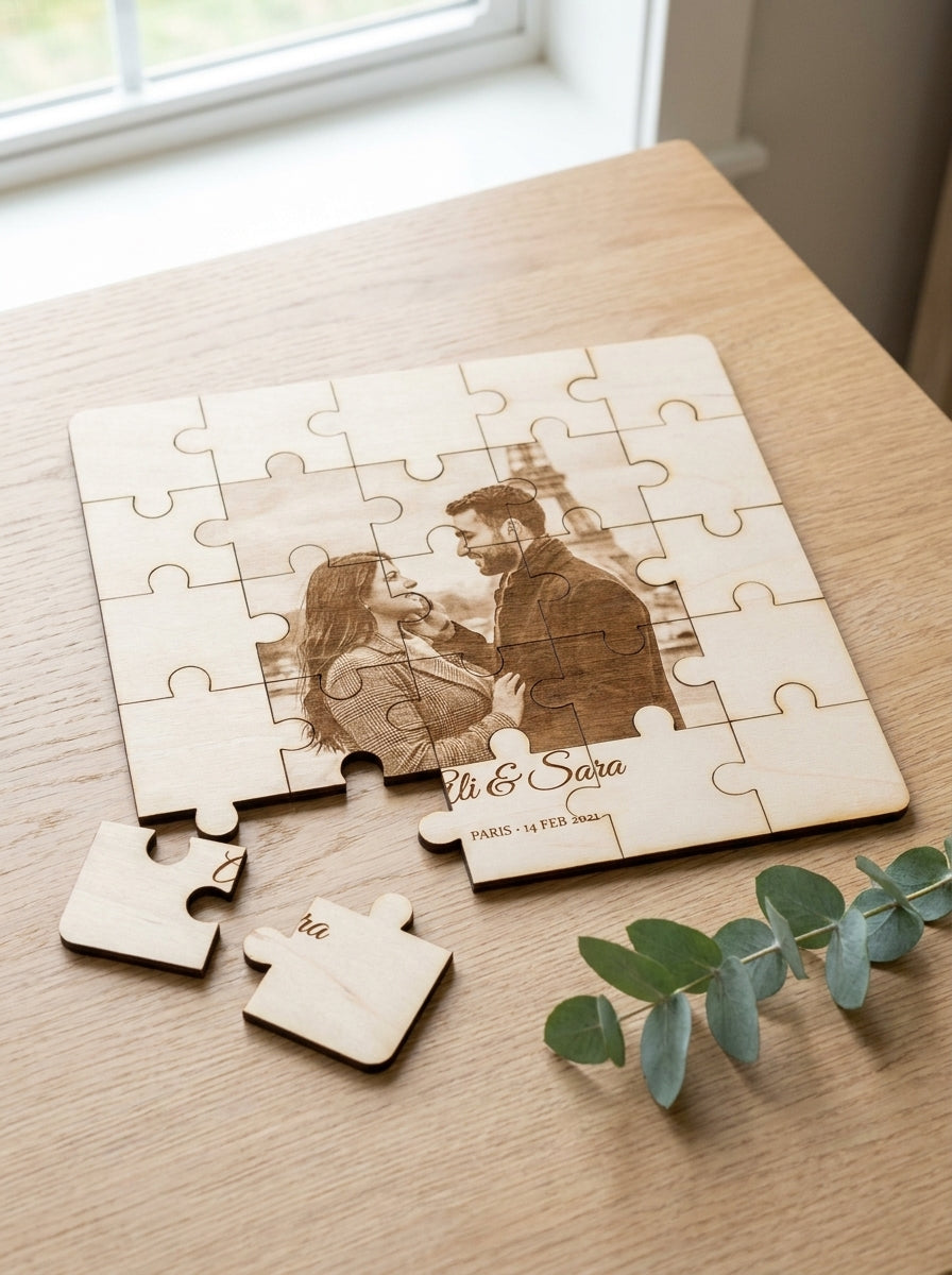 Personalised photo jigsaw puzzle with a couple's photo and names, pieces lifted out beside eucalyptus
