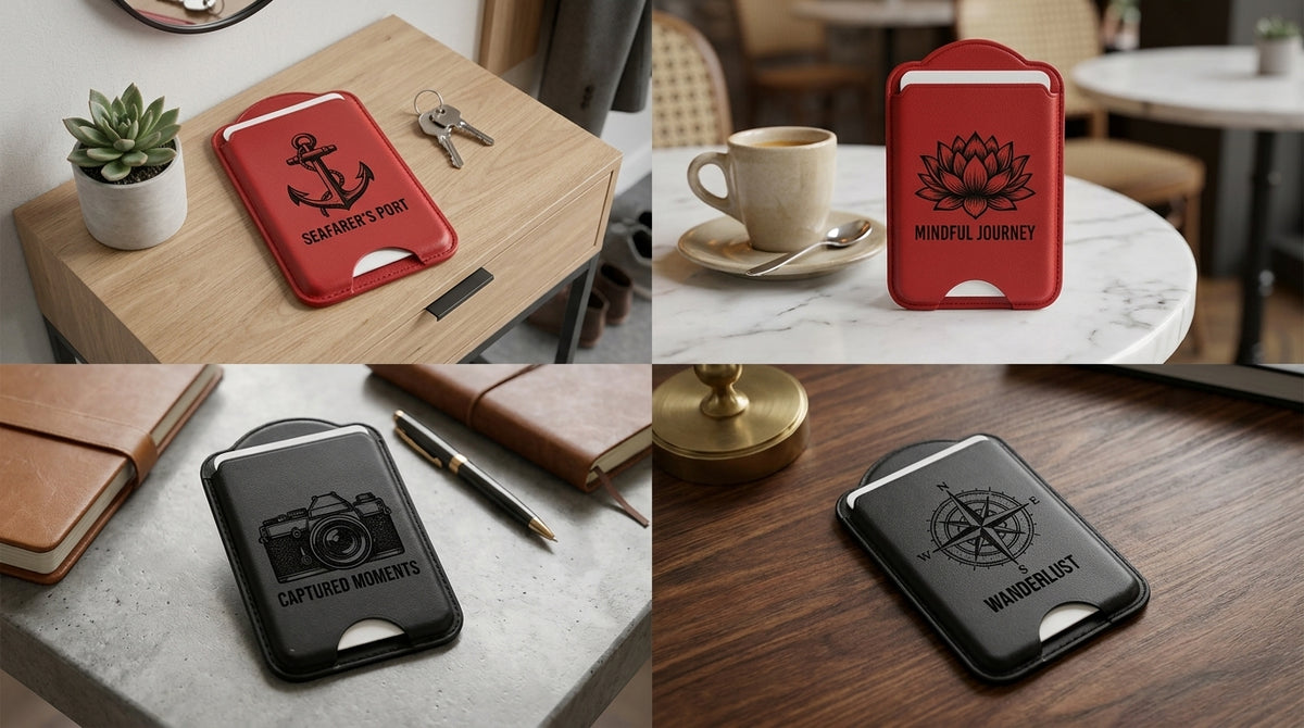 Card sleeves engraved with an anchor, lotus, camera and compass rose above short phrases