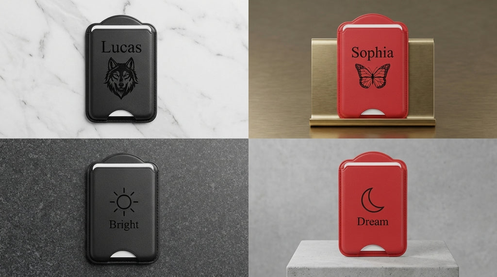 Black and red magnetic card sleeves engraved with Lucas and a wolf, Sophia and a butterfly, a sun with Bright, and a moon with Dream