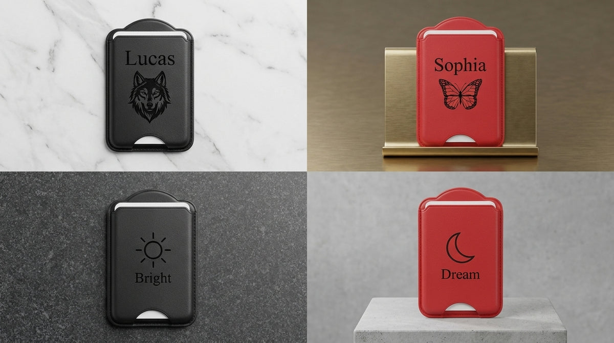 Black and red magnetic card sleeves engraved with Lucas and a wolf, Sophia and a butterfly, a sun with Bright, and a moon with Dream