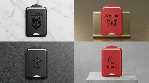 Black and red magnetic card sleeves engraved with Lucas and a wolf, Sophia and a butterfly, a sun with Bright, and a moon with Dream