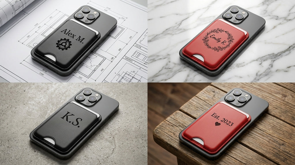 Personalised card sleeves on the back of a phone: Alex M. with a gear, Emily R. in a floral wreath, K.S. initials, and Est. 2023 with a heart