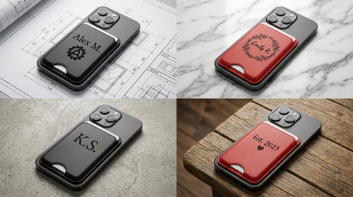 Personalised card sleeves on the back of a phone: Alex M. with a gear, Emily R. in a floral wreath, K.S. initials, and Est. 2023 with a heart