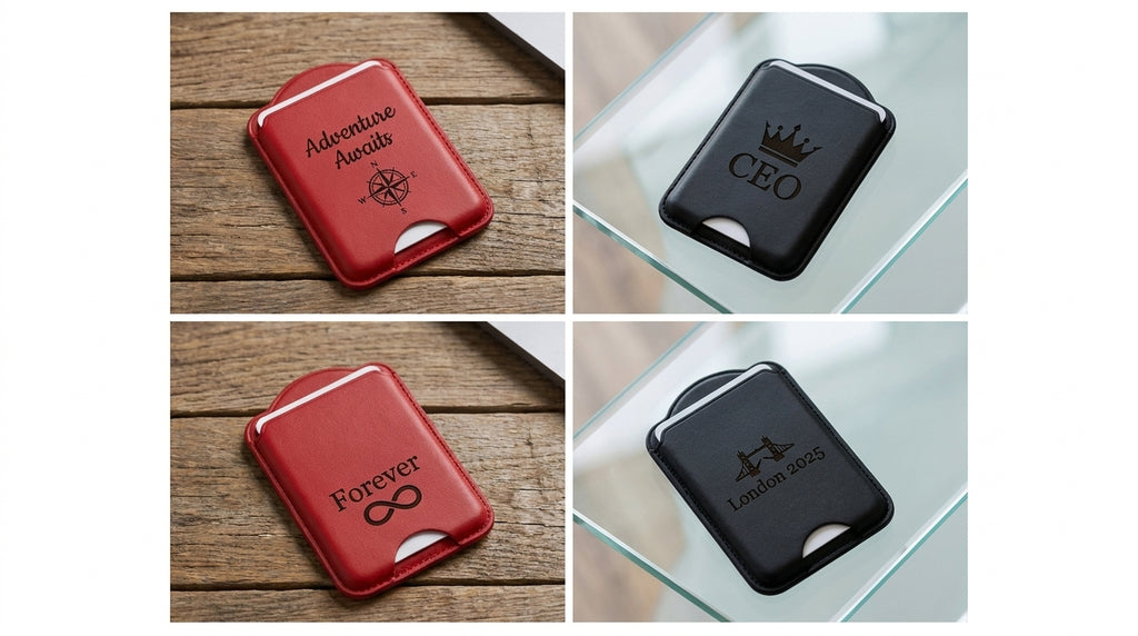 Card sleeves engraved with Adventure Awaits and a compass, a crown with CEO, Forever with an infinity symbol, and Tower Bridge with London 2025