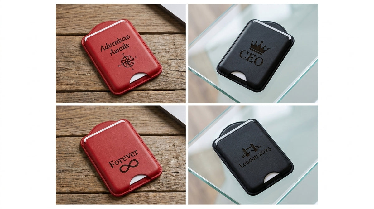 Card sleeves engraved with Adventure Awaits and a compass, a crown with CEO, Forever with an infinity symbol, and Tower Bridge with London 2025