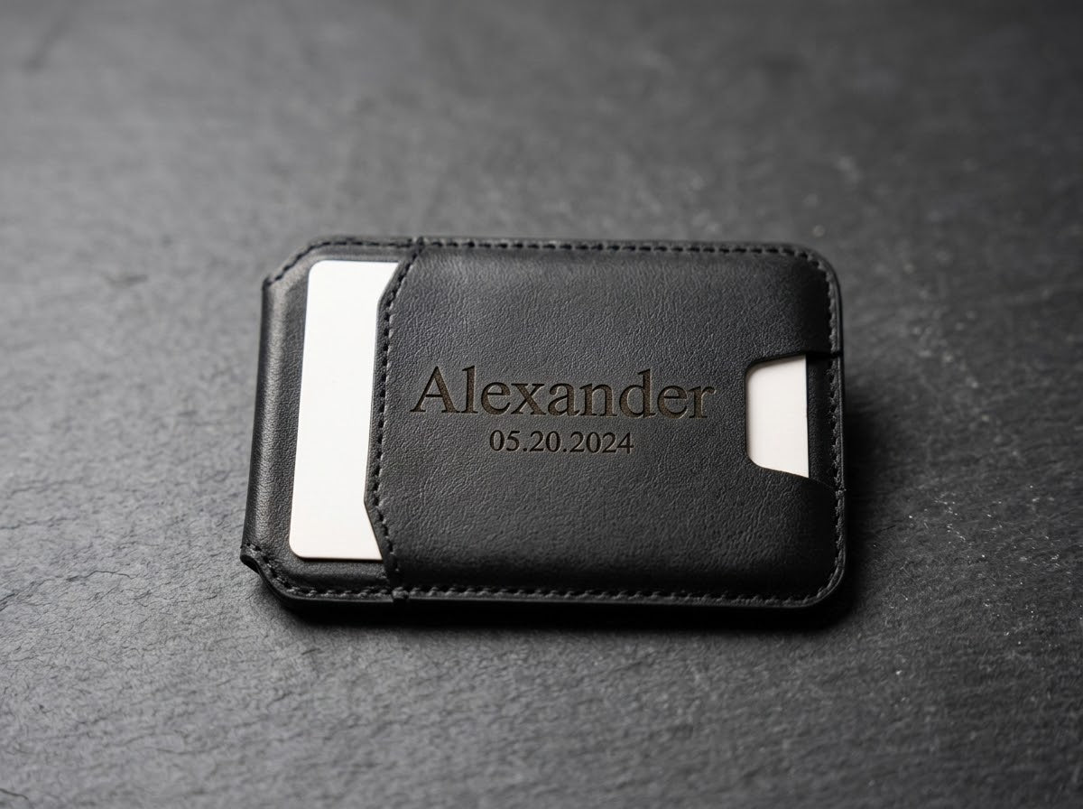 Personalised black phone wallet and stand engraved on the outside with the name Alexander and a date