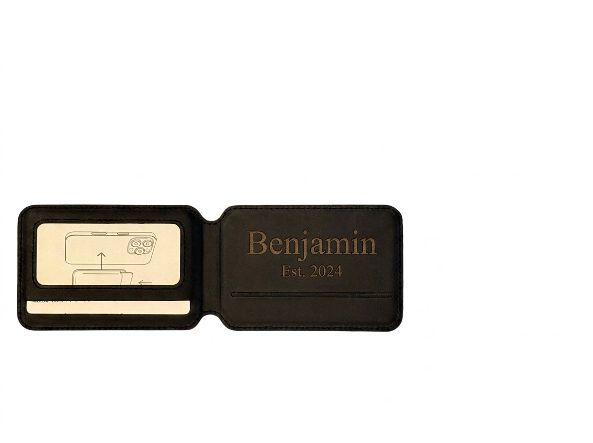 Black phone wallet opened to show a hidden inside engraving: Benjamin, Est. 2024