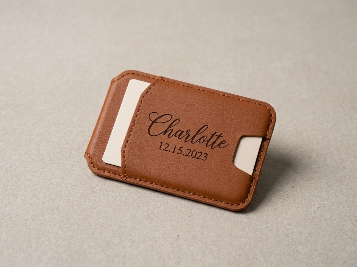 Personalised brown phone wallet and stand engraved on the front with Charlotte in script and a date
